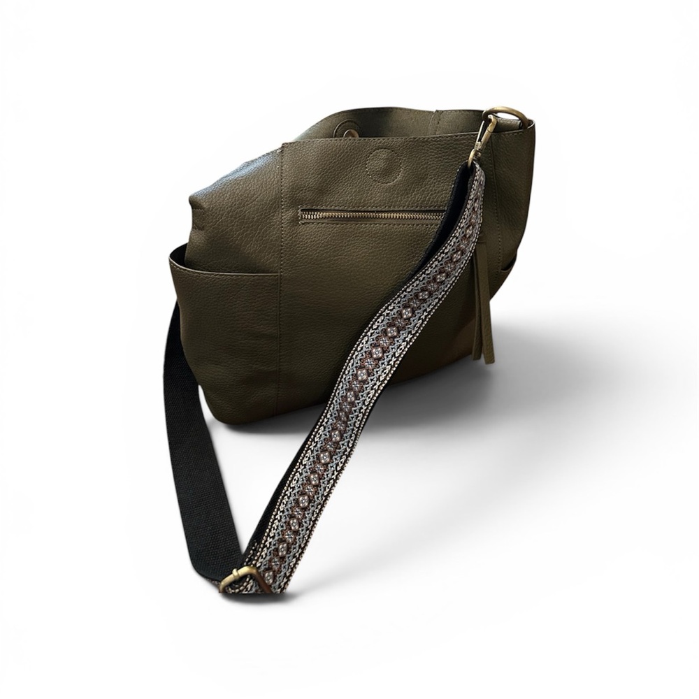 Olive Green Luxe Leather Crossbody Bag with Embellished Strap